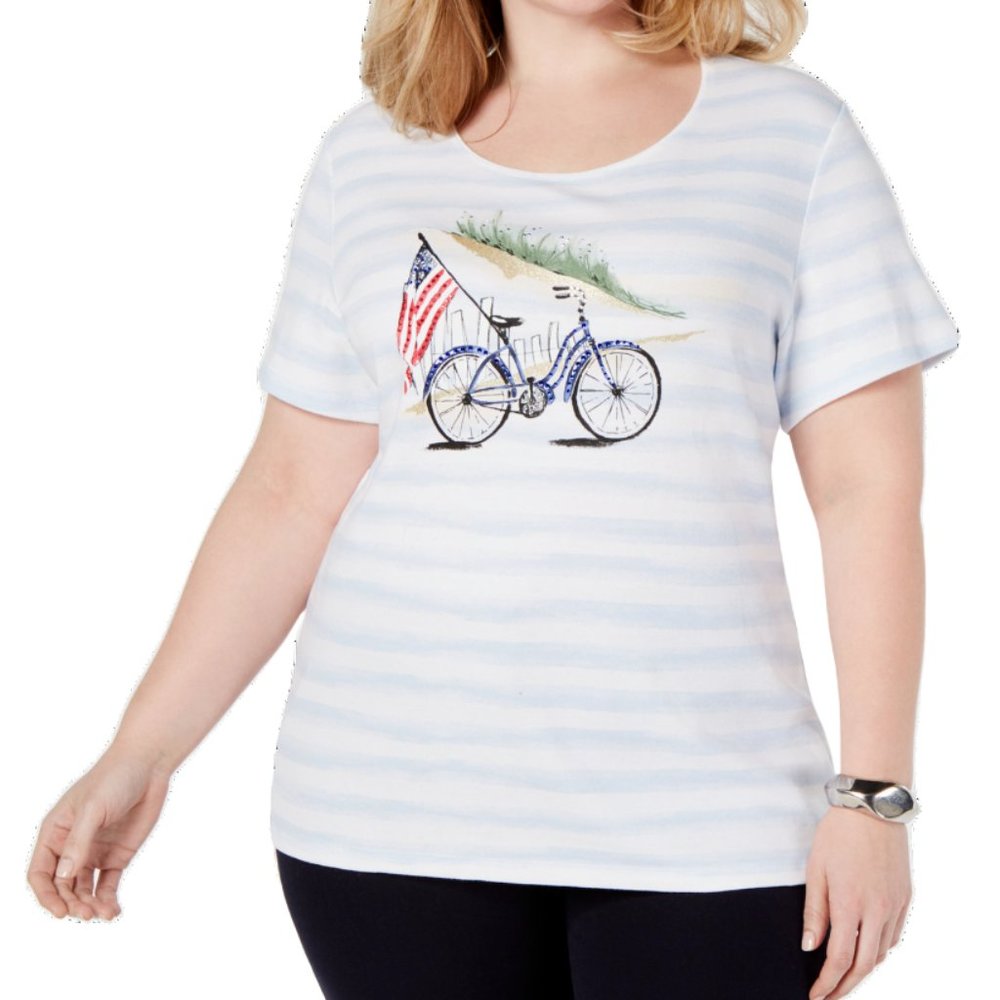 Karen Scott Embellished Bike Striped T-Shirt Women Size Large NWT